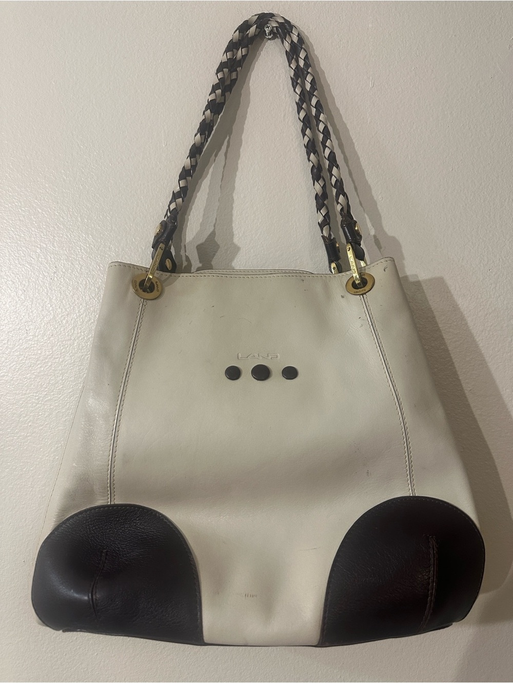 LAND Two-Tone Leather Shoulder Bag in Cream and Dark Brown